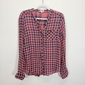 Maurices Plaid Button-Back Long Sleeve Indie Grunge Pink Navy Blouse Shirt Sz L